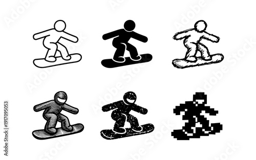 Collection of diverse snowboarder icons representing different art styles and techniques