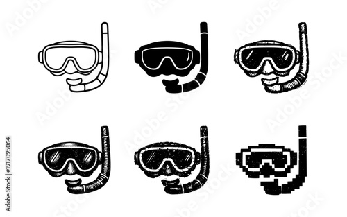 Collection of diverse snorkel mask icons in various artistic styles for water sports