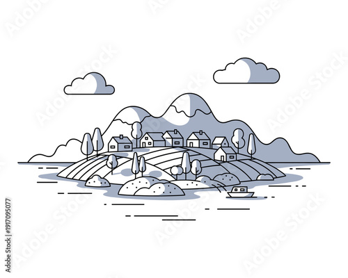 Scenic Landscape Illustration, Peaceful Village, Serene Mountain View, Nature Artwork, Tranquil Environment