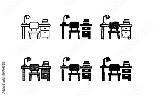 Collection of desk icons with chair, lamp, and books in various styles