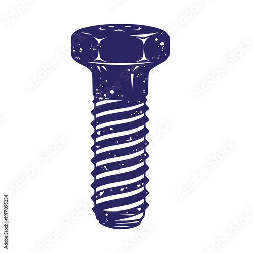 Grunge texture Grungy blue screw illustration with white splatters on head and threads on white background  industrial hardware element Vintage Style