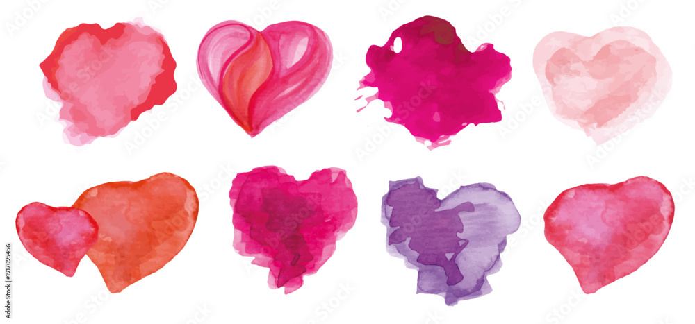 Fototapeta premium A collection of colorful watercolor hearts in various shades and styles.