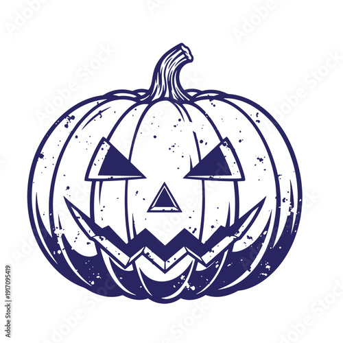Grunge texture Halloween pumpkin jackolantern face illustration with triangle nose and sharp teeth on plain white background Vintage Style