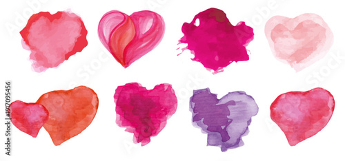 A collection of colorful watercolor hearts in various shades and styles.