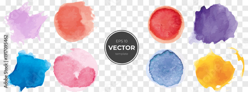 Colorful watercolor splashes in various shapes and hues on a transparent background.