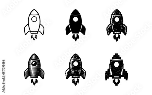 Collection of six distinct rocket ship icons in various artistic styles for space exploration themes