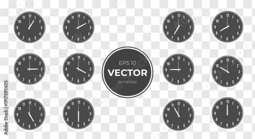 Vector illustration of various clocks on a transparent background.