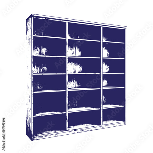 Grunge texture Large empty blue bookshelf with multiple shelves and white background  furniture storage unit Vintage Style