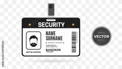 Security ID badge design with a placeholder name and location details.