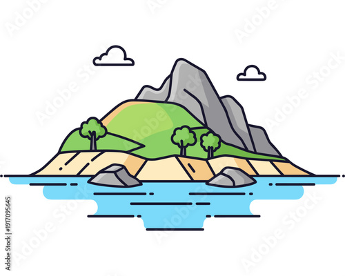Serene Island Landscape, Tropical Nature Scene, Coastal Waters, Vector Illustration, Calm Environment, Aerial View, Tranquility Concept