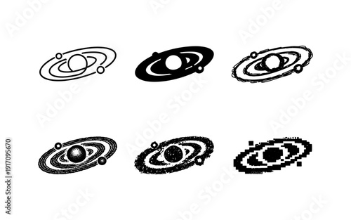Collection of stylized planet and orbit icons in various artistic styles