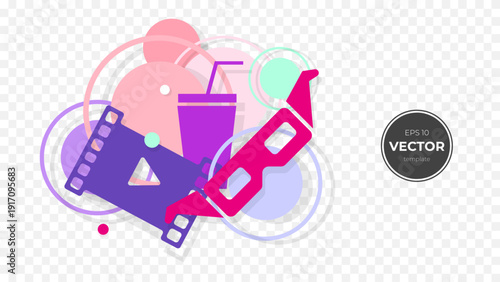 Colorful vector illustration of movie elements including film reel and 3D glasses.