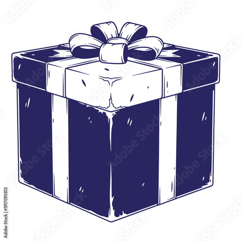 Grunge texture navy blue gift box with white ribbon and bow on top for presents and celebrations Vintage Style