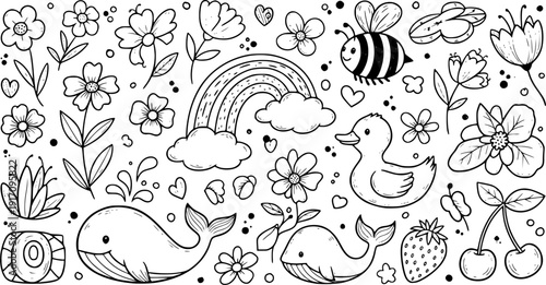 Whimsical kids doodle sheet of spring icons flowers bee rainbow duck whale strawberry cherries hand drawn vector art black
