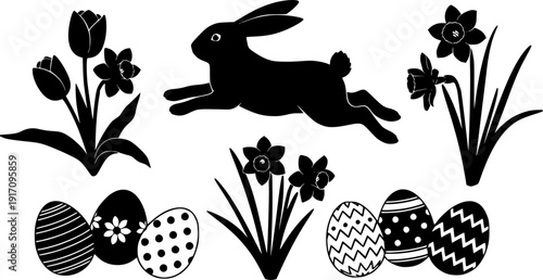 Easter silhouettes collection featuring jumping bunny rabbits spring flowers and decorated eggs isolated on transparent background
