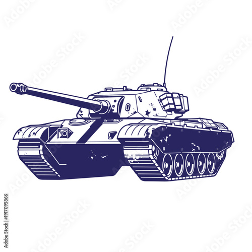 Grunge texture navy blue military tank with long gun and antenna on white background  a navy blue tank with a long gun and antenna on a white background Vintage Style