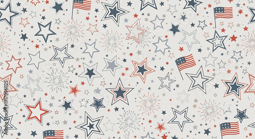 Patriotic star pattern with American flags, stars and fireworks on white background.