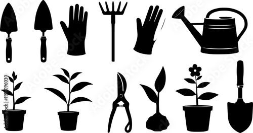 Comprehensive set of gardening silhouettes featuring a variety of tools and thriving young plants
