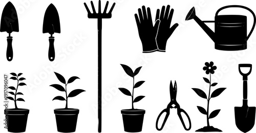 Comprehensive set of gardening silhouettes featuring a variety of tools and thriving young plants

