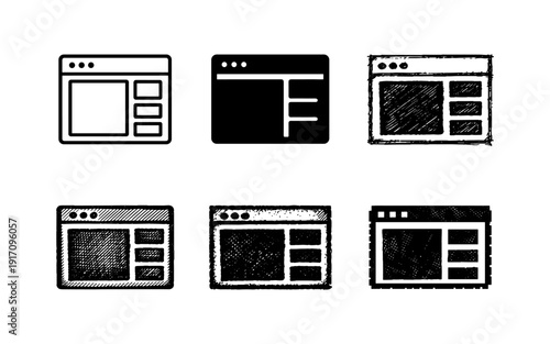 Collection of six different browser window interface icons with varied styles and textures