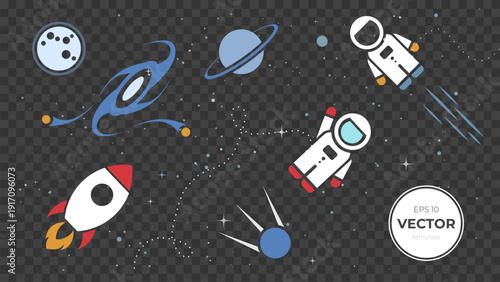 Colorful vector illustration of space elements including planets and astronauts.