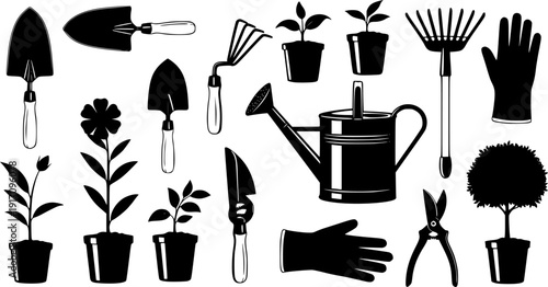 Comprehensive set of gardening silhouettes featuring a variety of tools and thriving young plants
