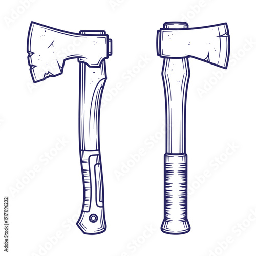 Grunge texture Two vintage style hand drawn axes with wooden handles and metal heads in different views  front and side Vintage Style