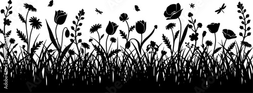 
Silhouettes of diverse wildflowers and grasses creating a vibrant meadow border, perfect for nature-themed designs and summer backdrops.
