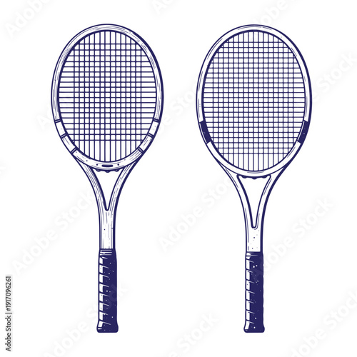 Grunge texture Two vintage style tennis rackets with dark blue outlines on white background for sports and leisure activities Vintage Style