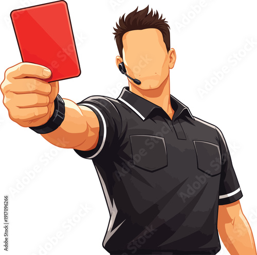 Soccer referee holding up a red card, signaling a foul or ejection during a match, depicted in a dynamic vector illustration with strong outlines and vibrant colors