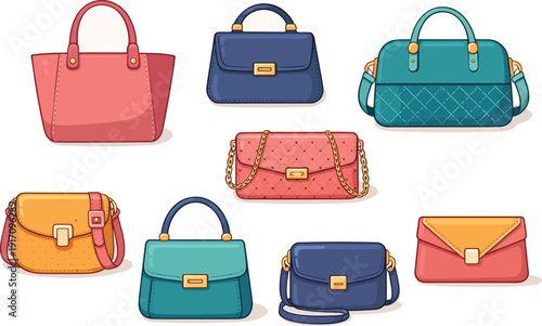 Collection of 7 different women's handbags and purses. Includes tote bag, shoulder bags, clutch, and satchel designs. Created in a cartoon vector style with a pastel color palette.