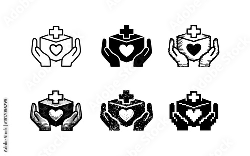 Hands holding a medical donation box with a heart and cross symbol