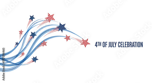 Patriotic 4th of July celebration vector graphic. Includes red, white, and blue stars and ribbons. Created in colorful style with red, white, and blue palette.