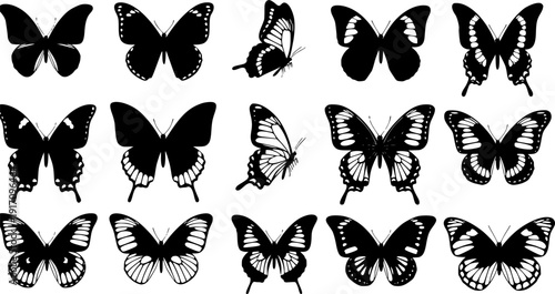 Black Butterfly Silhouette Vector Collection with Various Tropical Insect Wing Shapes Isolated on White Background for Nature Spring Floral Design Elements