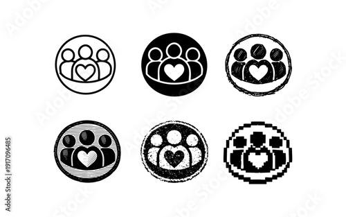 Collection of diverse icons representing community, love, and unity in various artistic styles