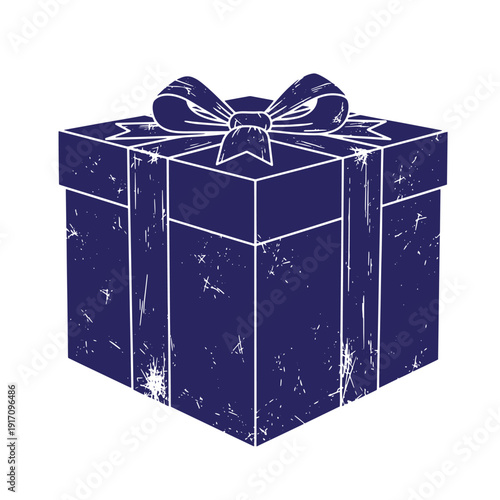 Grunge texture Vintage dark blue gift box with white outline and ribbon bow on top for presents and celebrations Vintage Style