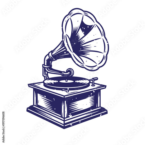 Grunge texture Vintage gramophone with horn on wooden base  classic music player from the past Vintage Style