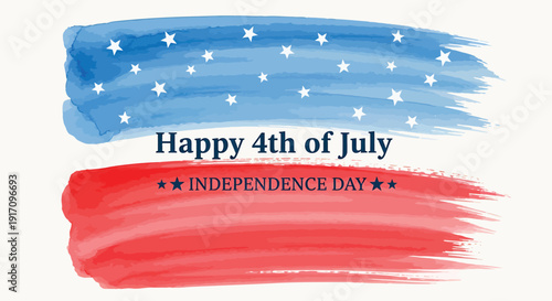 Watercolor Happy 4th of July Independence Day banner with American flag colors and stars.
