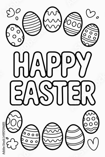 A cheerful coloring page features the words 'Happy Easter' surrounded by decorative Easter eggs
