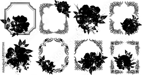 vintage floral frames and distressed flower silhouettes with leaves in grunge
