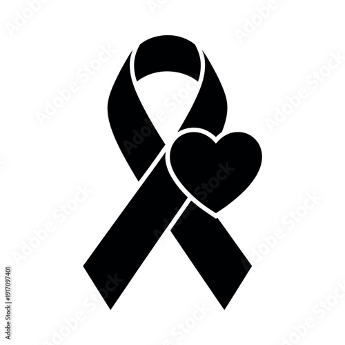A black awareness ribbon with a heart symbol on a white background for support and solidarity