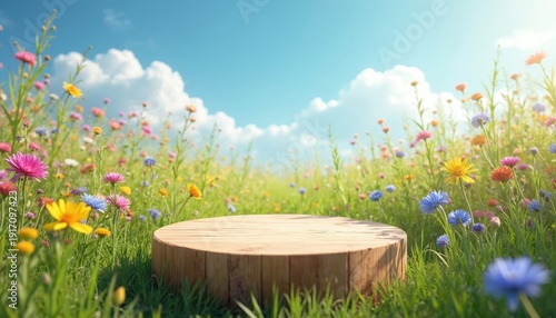 Wooden podium on colorful meadow with wildflowers. Product display with bokeh effect. Sunny day in nature with green grass and blue sky. Floral background for presentation.