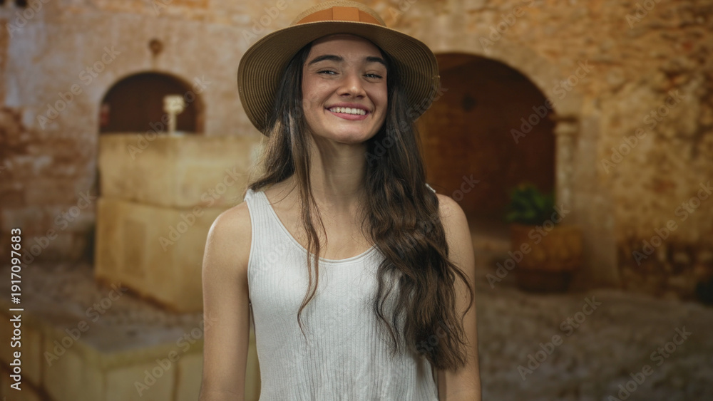 Fototapeta premium Teenage woman wearing straw hat and white tank top points finger to sunlit street in old town; adventure joy.