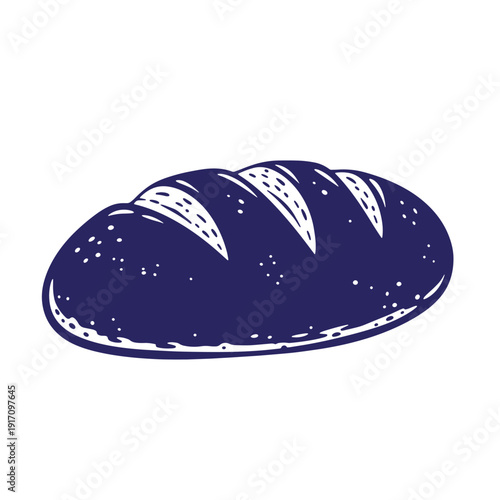 Grunge texture A blue illustration of a loaf of bread with diagonal cuts on top against a white background Vintage Style