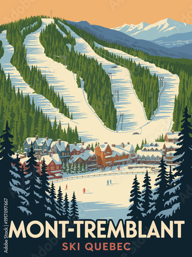 Mont Tremblant Ski Quebec poster, bold white and red headline typography with snow covered ski slopes and marked run lines