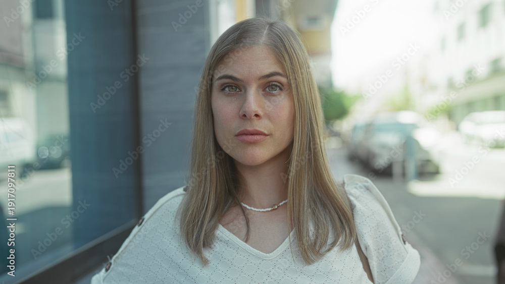 Fototapeta premium Woman stands with exposed face on street in bright daylight, wearing casual shirt and necklace, gaze steady forward; confidence empowerment independence strength.