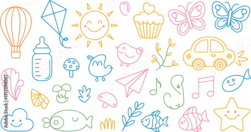 Colorful baby shower icons and symbols illustration