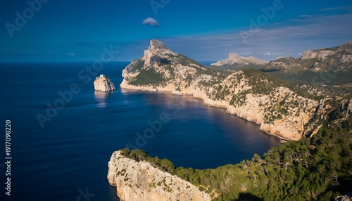 Stunning Aerial View of Rugged Mediterranean Coastline with Cliffs and Deep Blue Sea on a Sunny Day