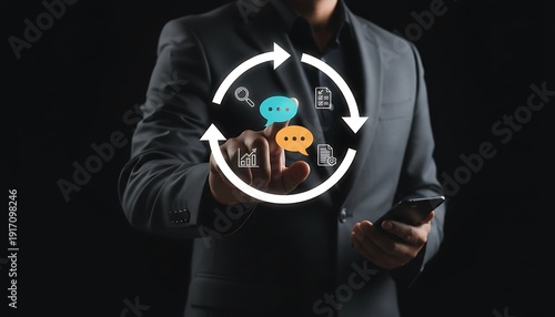 Businessman Managing Business Workflow and Communication with Interactive Digital Diagram