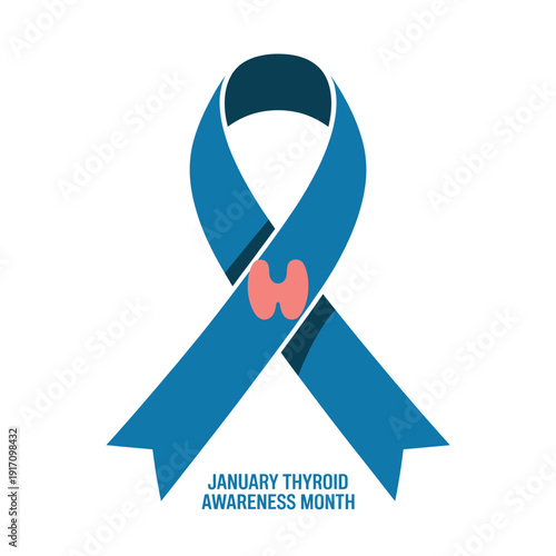 A blue ribbon with a pink thyroid gland symbolizing January Thyroid Awareness Month